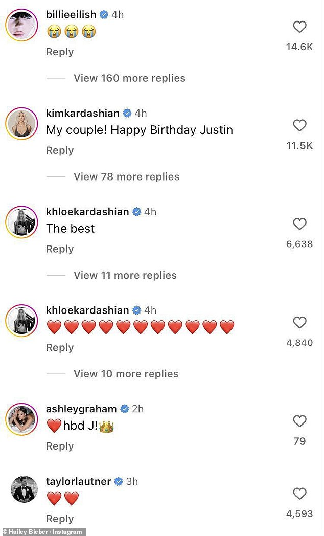 Hailey's best friends quickly responded to the comments, with Kim Kardashian writing: 'My partner! Happy Birthday Justin'