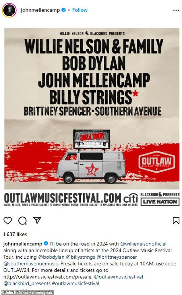 It was announced earlier this week that John Mellencamp would be taking part in the 2024 Outlaw Music Festival, although he won't join the tour until July 29.