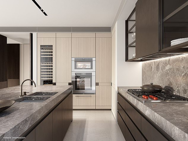According to the report, most of the 24 apartments in the posh block have already been sold. Two of the penthouses, both worth an estimated $50 million, have yet to be auctioned. Pictured: a kitchen in one of the amazing apartments within the block.