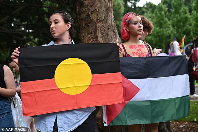 Protesters were seen holding Aboriginal and Palestinian flags (pictured)