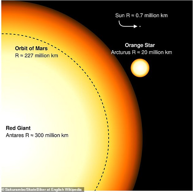 It's difficult to estimate how big the Sun will become, but at its top it could reach up to 300 million kilometers (186 million miles) in diameter, which is the same size as the red giant Antares (pictured).
