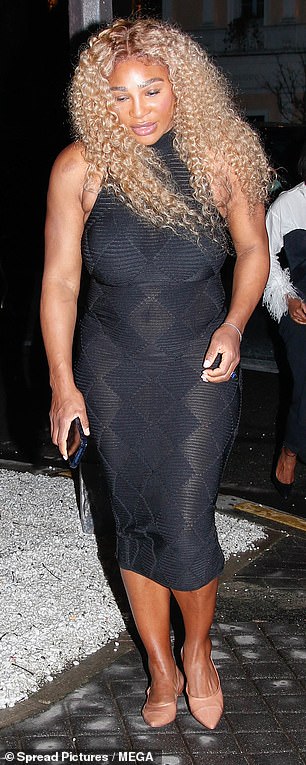 Serena Williams also joined guests at the party as she wowed in a figure-hugging black diamond-print midi dress.