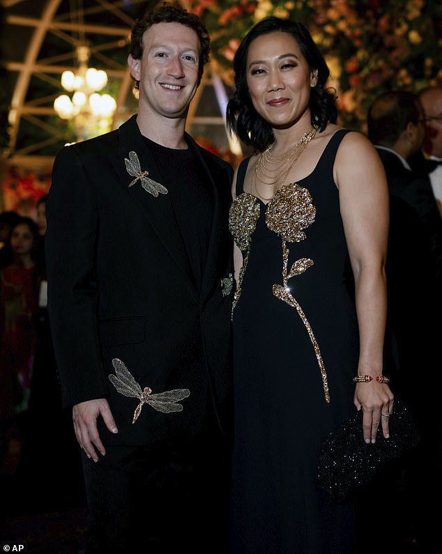 Mark Zuckerberg and his wife Priscilla Chan gave a nod to the 'Evening in Everland' theme with gold embellishments on their outfits.