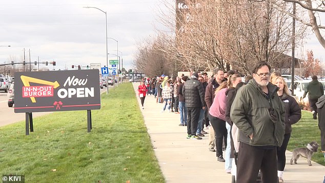 Videos show groups of people bundled up in thick coats and jackets outside a new store in Idaho.