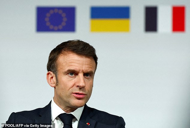 French President Emmanuel Macron speaks during a news conference at the end of the international conference aimed at strengthening Western support for Ukraine on February 26.