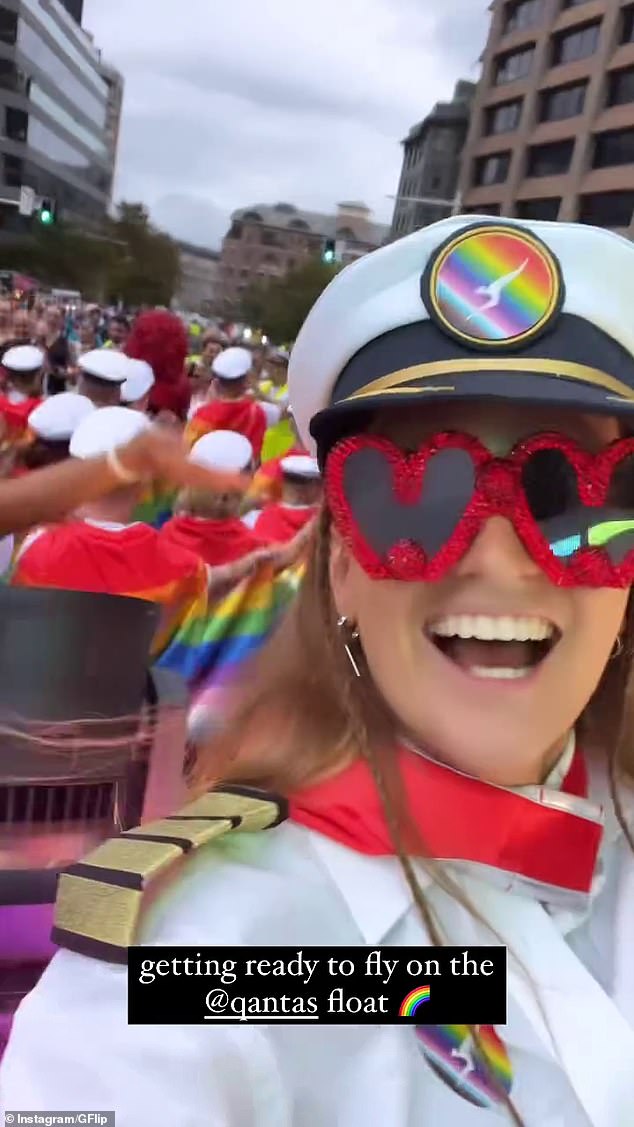 G Flip (pictured) joined the Qantas float and the singer dressed the part in a pilot's uniform with a rainbow logo on the cap.