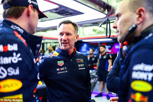 Horner took up his position in the Red Bull paddock as usual on Friday, as Max Verstappen (left) secured pole for Saturday's race, but also left the pit wall for talks with the FIA.
