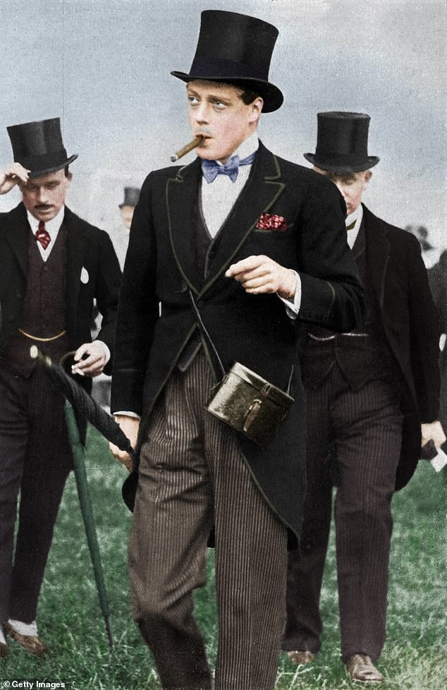 Edward in a more traditional Derby Day outfit, 1926, in a colorized photo from The Sphere