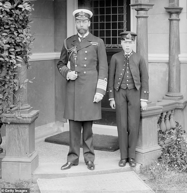 Prince Edward at the Royal Naval College, Osborne, Isle of Wight, with his father George V. George was a stickler for correct dress and would scrutinize press photographs of his children and criticize their clothing.