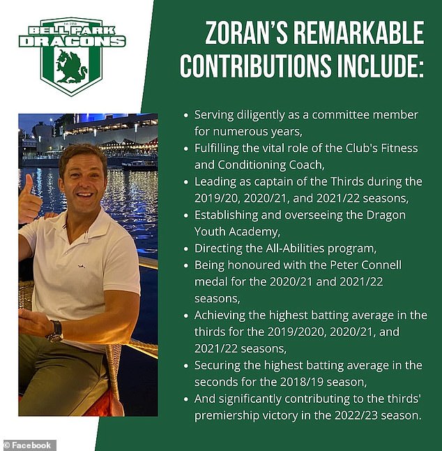 Friends paid tribute to Zoran Vidovic's sporting achievements after the tragedy
