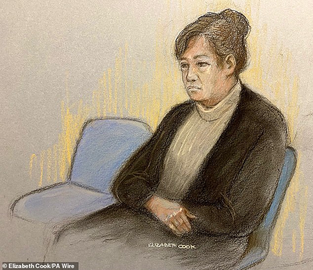 Court artist's sketch of Christine Rawle, 69, at Exeter Crown Court charged with the murder of her husband Ian Rawle