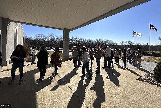 Missouri voters gather on Saturday, March 2, 2024 at the Family Worship Center in Columbia, Missouri, to rally the Republican presidential candidate.