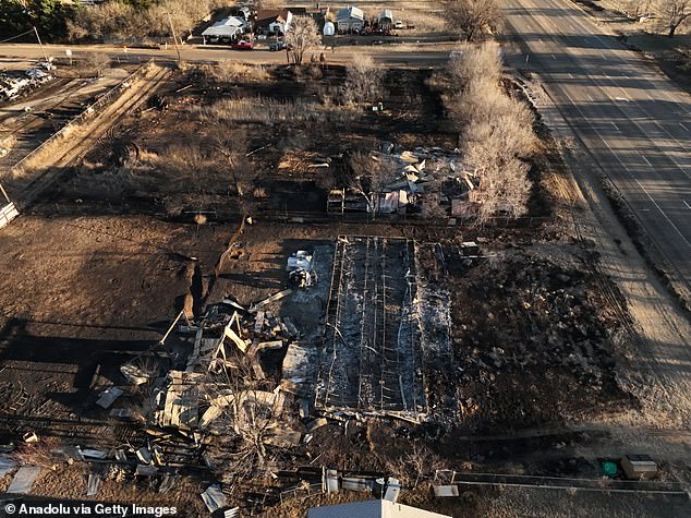 According to the Texas A&M Forest Service, the Smokehouse Creek Fire has burned 1.07 million acres in Texas and 25,000 acres in Oklahoma. Pictured: An aerial view of the burned area in Stinnett, Texas, on Friday.