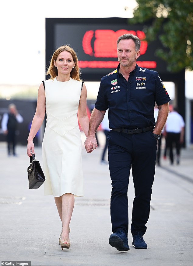 Her eyes appeared red, but the former Spice Girl walked hand in hand with her husband Christian Horner at the launch of the Formula 1 season in Bahrain.