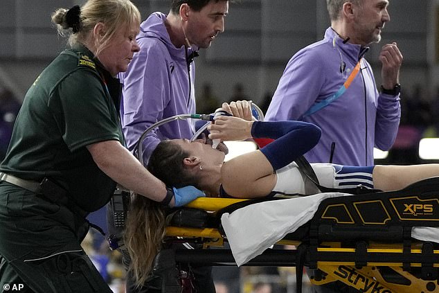 Chevrier was taken to hospital on a stretcher after a 15-minute delay in the competition