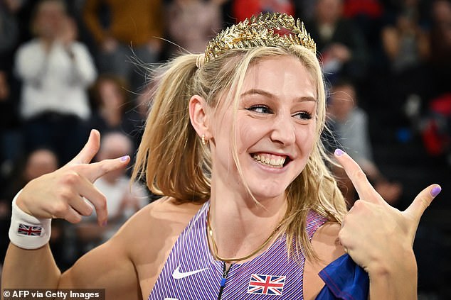 Britain's Molly Caudery celebrates after winning world indoor gold in pole vault