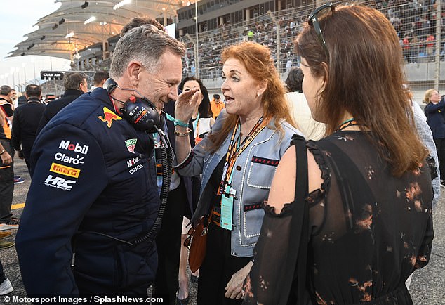 Pictured: Sarah Ferguson and Princess Eugenie were seen speaking to Christian Horner after Red Bull's Grand Prix victory.