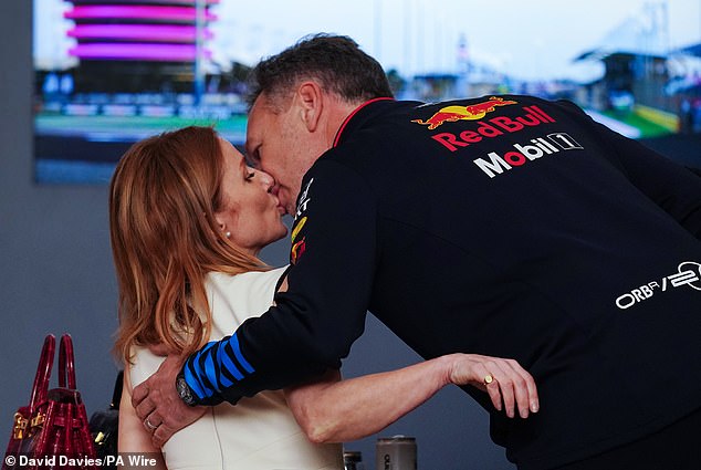 Before the race began, Christian Horner leaned in to give his wife Geri a kiss in a show of unity.