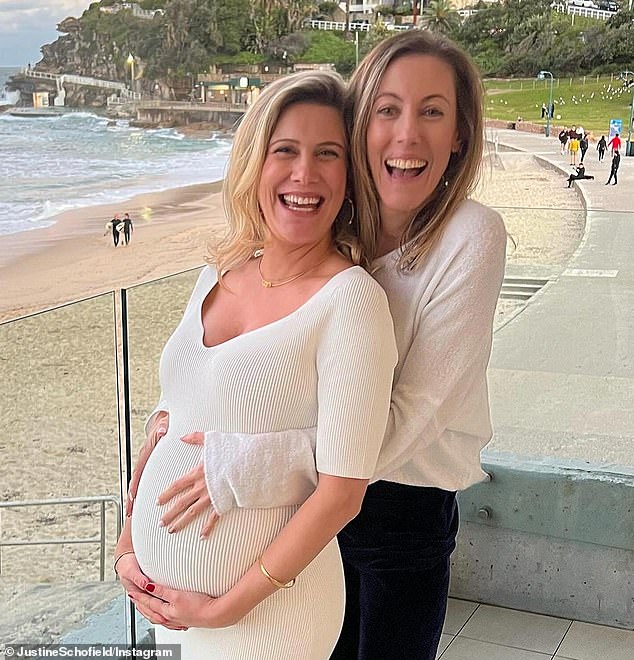 The chef showed off a series of photos of her and her best friend together over the years and asked her Instagram followers to donate to Bowel Cancer Australia (pictured, pregnant Justine Schofield and Betty Tudehope).