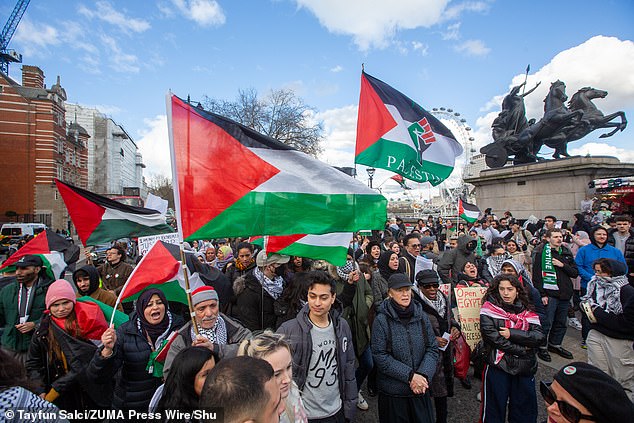 Pro-Palestinian activists stage a protest in Westminster following Rishi Sunak's speech on Friday.