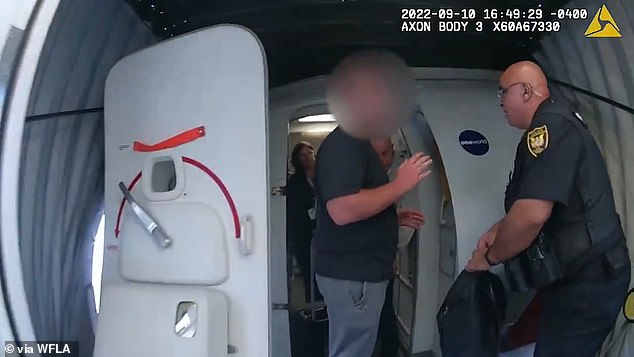 Footage shows Florida travelers getting into messy disputes with police after being denied travel or, in one case, even refusing to get off the plane (pictured).