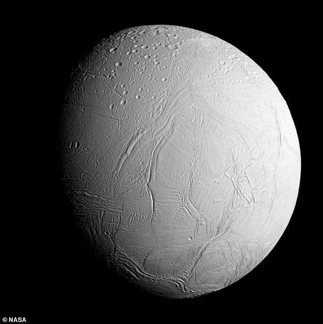Enceladus, Saturn's sixth largest moon, is a frozen sphere just 313 miles in diameter (about one-seventh the diameter of Earth's moon).  It is shown in this image captured by NASA's Cassini spacecraft.