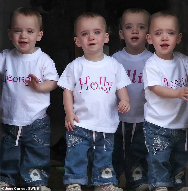 Georgie, Holly, Ellie and Jess photographed at just two years old. Doctors told Jose and Julie Carles, from Upper Caldecote, Bedfordshire, that they were more likely to win the lottery than their four babies were to live.
