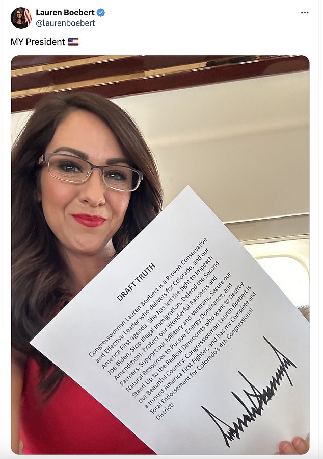 In a post X-Saturday, Boebert held up a draft of the Truth Social post former President Donald Trump used to endorse her