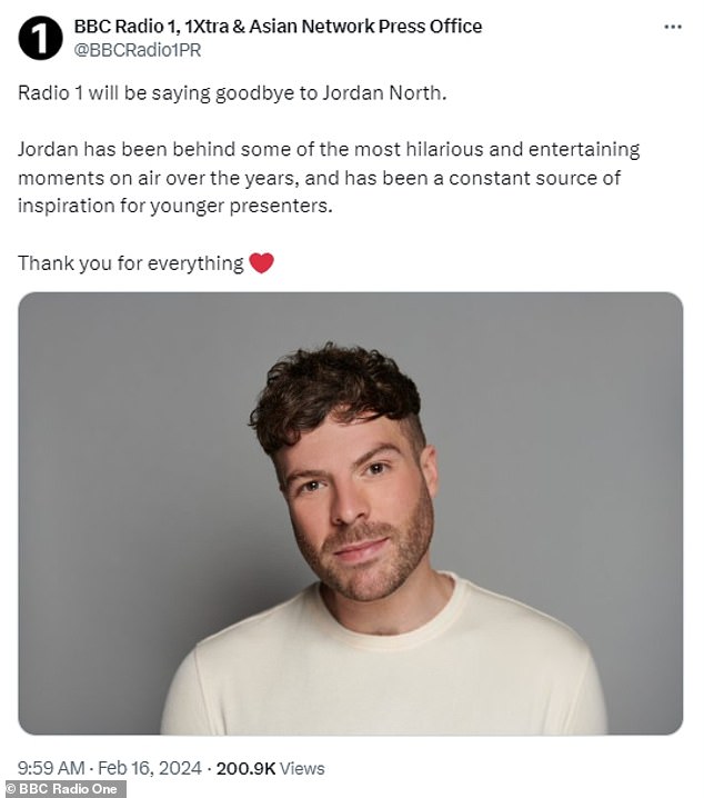 In the original announcement post, bosses wrote: 'Radio 1 will say goodbye to Jordan North.  Jordan has been behind some of the funniest and most entertaining moments on air over the years, and has been a constant source of inspiration.
