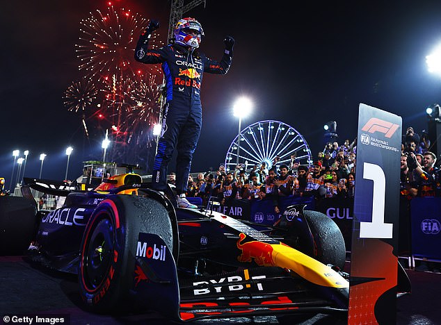 Red Bull Formula One driver Max Verstappen celebrates his victory at the Bahrain Grand Prix on Saturday.