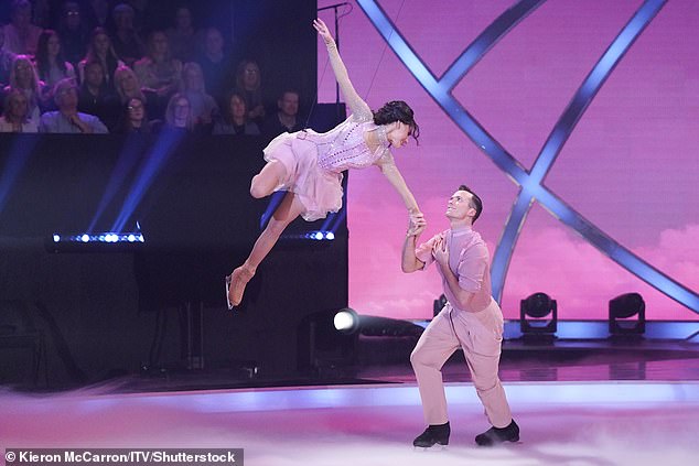 Viewers were left baffled as to why the contestants were tasked with flying across the ice rather than skating (pictured Amber Davies and Simon Senecal).
