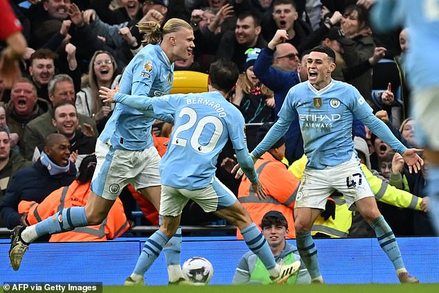 Phil Foden (right) scored twice, while Erling Haaland (left) scored in injury time to help seal the comeback for Pep Guardiola's side.