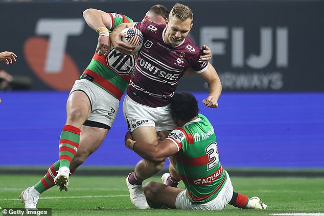Bell made his personal number available to players and says he did not receive a single call (pictured, Manly's Tom Trbojevic playing Souths in Las Vegas)