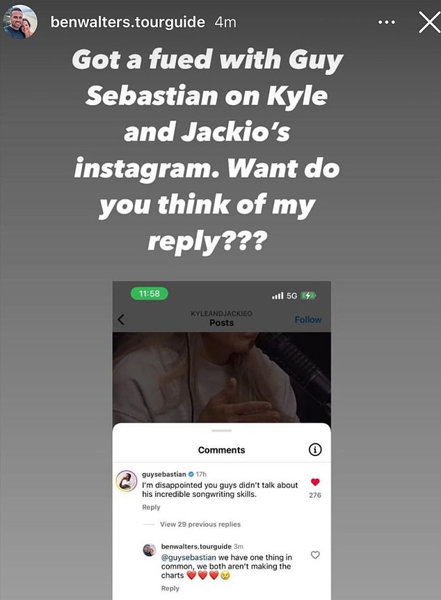 The feud began when Guy, 42, left a sarcastic comment on Kyle and Jackie O's Instagram account last week.