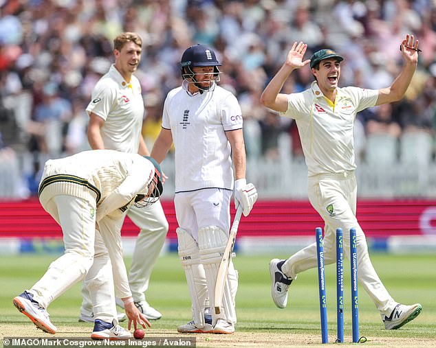 Bairstow (centre) was sent off by Alex Carey at Lord's last summer after he came out of his crease for no apparent reason.