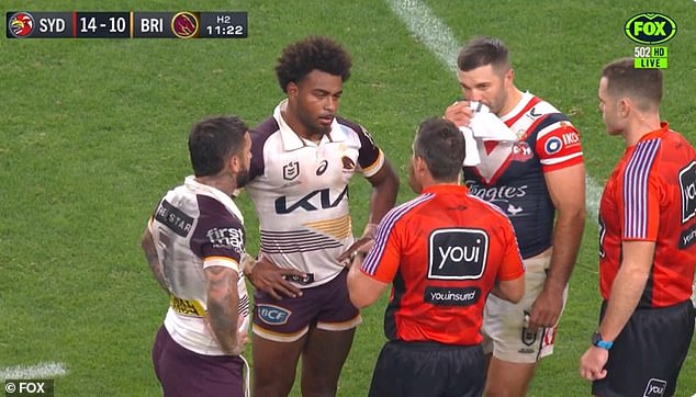 Ezra Mam (pictured, second from left) accused Leniu of a shocking racial slur during his team's loss to the Roosters on Sunday.