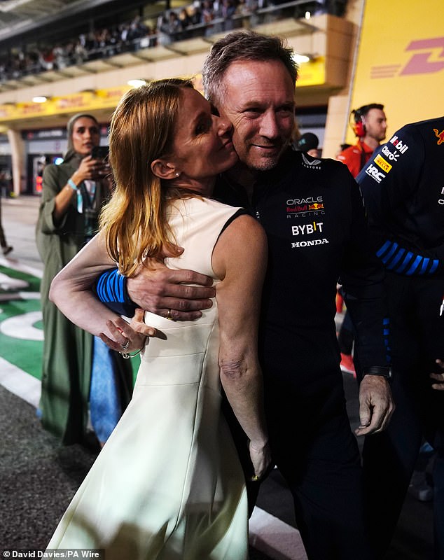 The former Spice Girl celebrates with Horner after Red Bull achieved a memorable one-two in Bahrain.