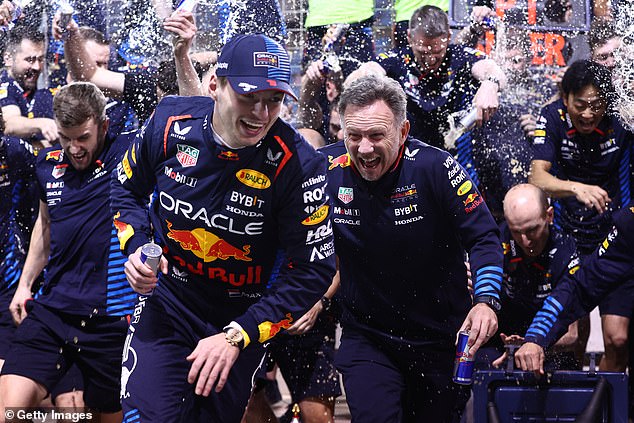 Race winner Max Verstappen and Christian Horner celebrate after winning the F1 Grand Prix in Bahrain.