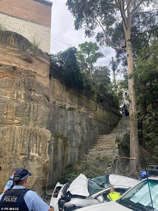 Emergency services were called shortly after 10am on Monday after the white Hyundai i30 hatchback (pictured) fell off a cliff in the inner west Sydney suburb of Glebe.
