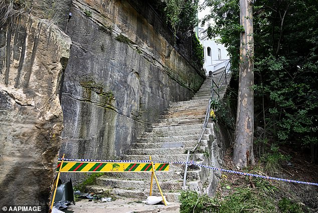 Police tape is seen after a car crashed into a cliff in the inner western Sydney suburb of Glebe.