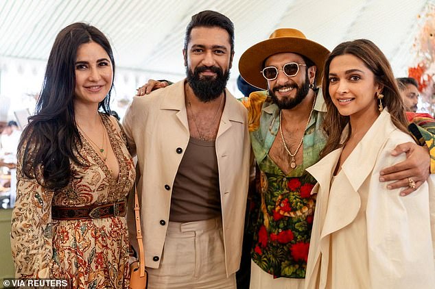 Actress Katrina Kaif, her husband and actor Vicky Kaushal, actor Ranveer Singh and his wife and actress Deepika Padukone pose during the pre-wedding celebrations.