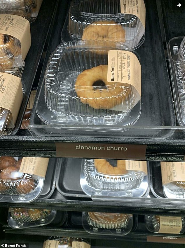 A unique cinnamon churro donut received an entire plastic container at the Hannaford supermarket in the US.