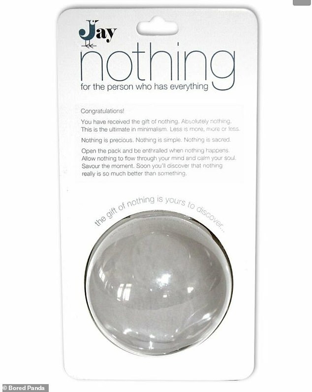 The 'gift of nothing' for the 'person who has everything' consists of a cardboard explainer and a plastic sphere with nothing inside