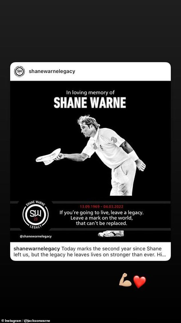Jackson reshared a post uploaded by the Shane Warne Legacy Instagram account.