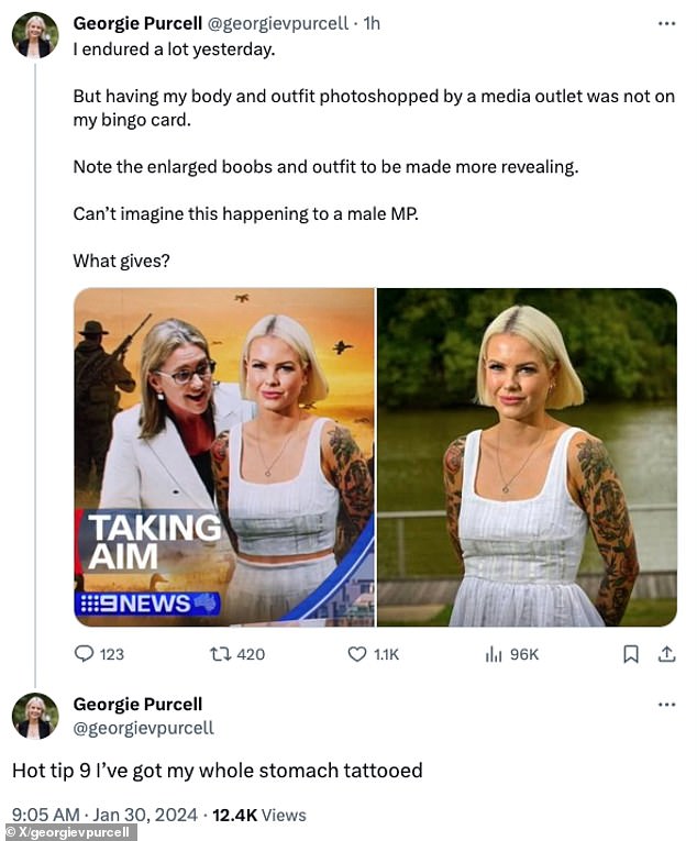Animal Justice Party MP Georgie Purcell, 31, hit out online via X (formerly Twitter) for using a photoshopped photo to make her breasts look bigger. In her post, the heavily tattooed politician shared the image from the segment (left) along with the original photo (right).