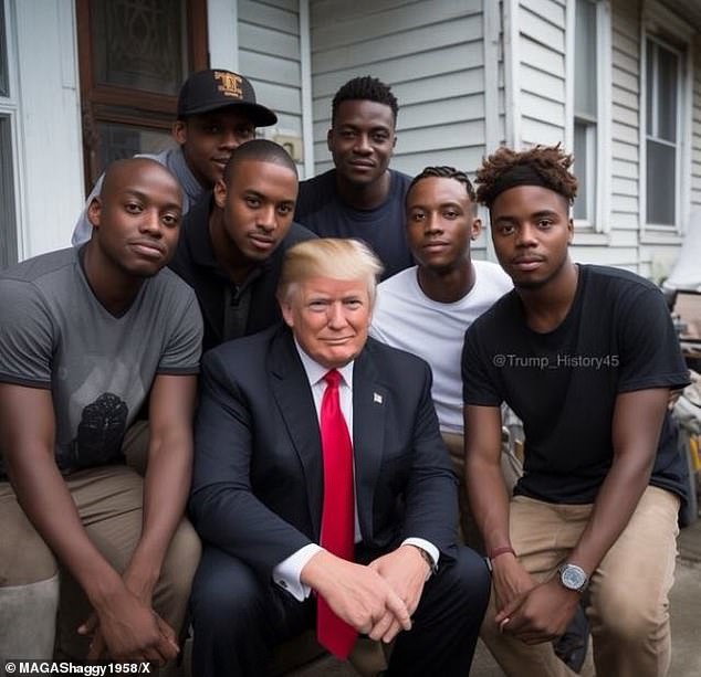 This image was spread on social networks alleging that Trump stopped his caravan to take a photo with this group of men, the image is not real