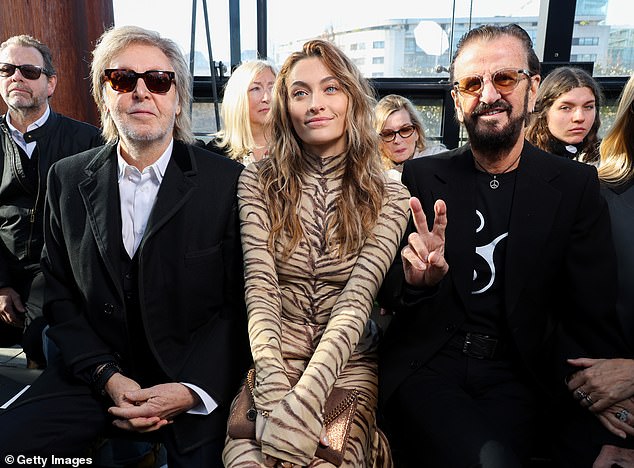 At her side was patriarch Paul McCartney, 81, who seemed in good spirits as he chatted with fellow FROW stars Paris Jackson and his Beatles bandmate Ringo Starr.