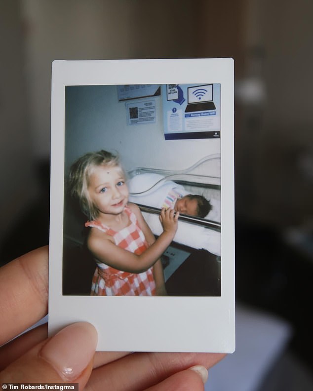 A third frame shows an adorable Polaroid-style image of Elle posing with her younger sister. In the photo