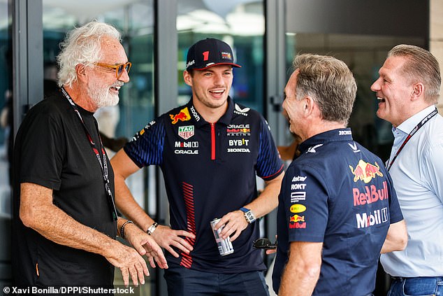 Briatore is pictured speaking with Max Verstappen and Horner at last year's Qatar Grand Prix.