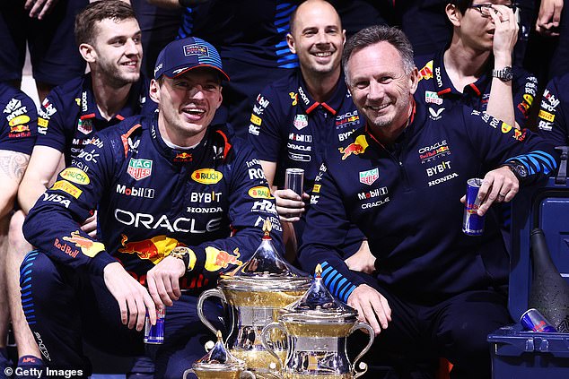 Verstappen and Horner (right) celebrated the Dutchman's victory in Bahrain.